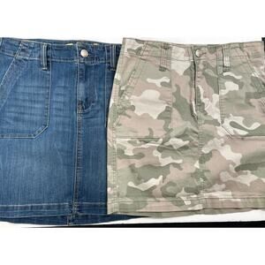 Lot Of 2 Seven 7 Women 4 Camo & Denim Jean Utility Mini Skirt Stretch Pockets